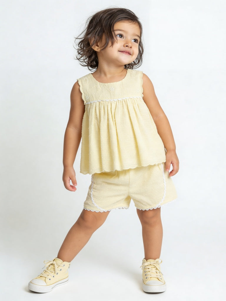 HOP Baby Girls Yellow Floral Embroidered Cotton Top and Shorts Set