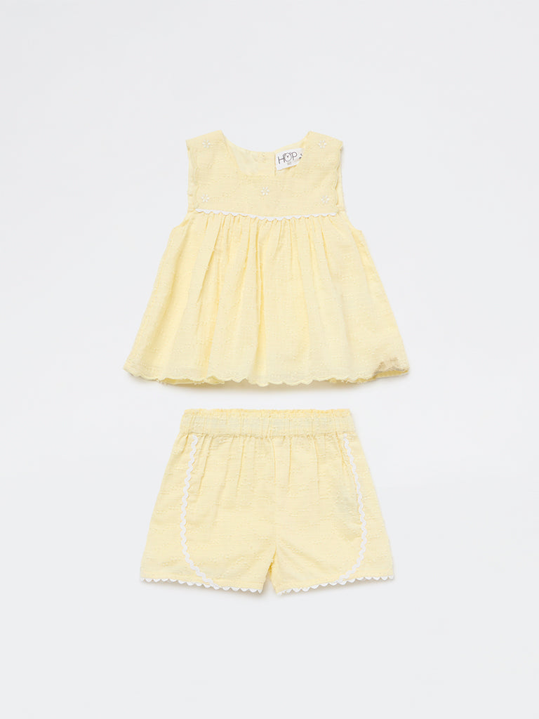 HOP Baby Girls Yellow Floral Embroidered Cotton Top and Shorts Set