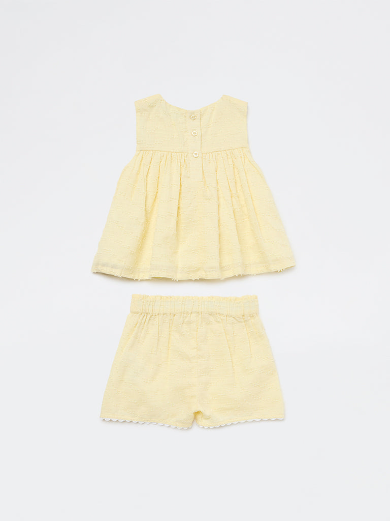 HOP Baby Girls Yellow Floral Embroidered Cotton Top and Shorts Set