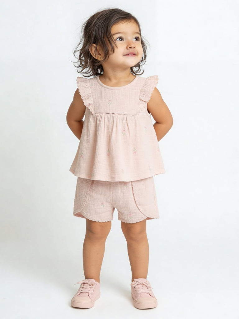 HOP Baby Girls Pink Floral Embroidered Cotton Top and Shorts Set