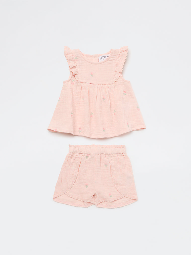 HOP Baby Girls Pink Floral Embroidered Cotton Top and Shorts Set