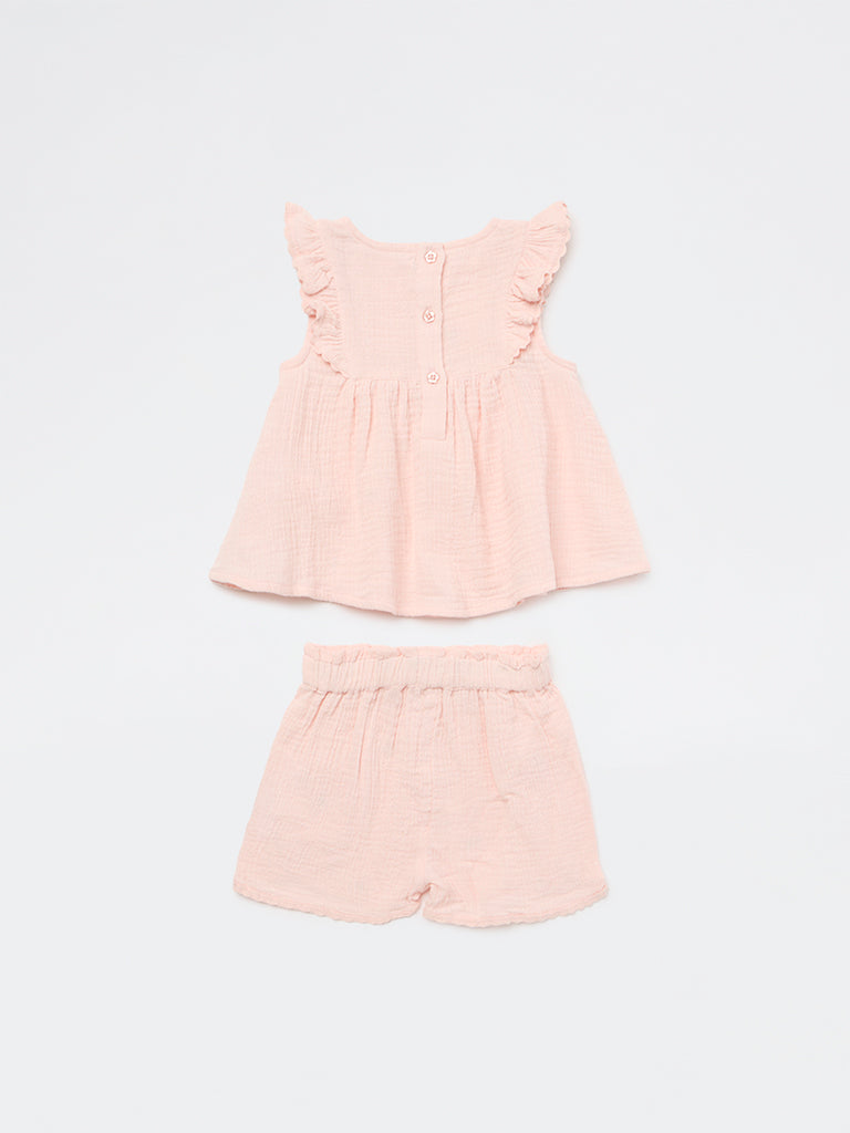 HOP Baby Girls Pink Floral Embroidered Cotton Top and Shorts Set