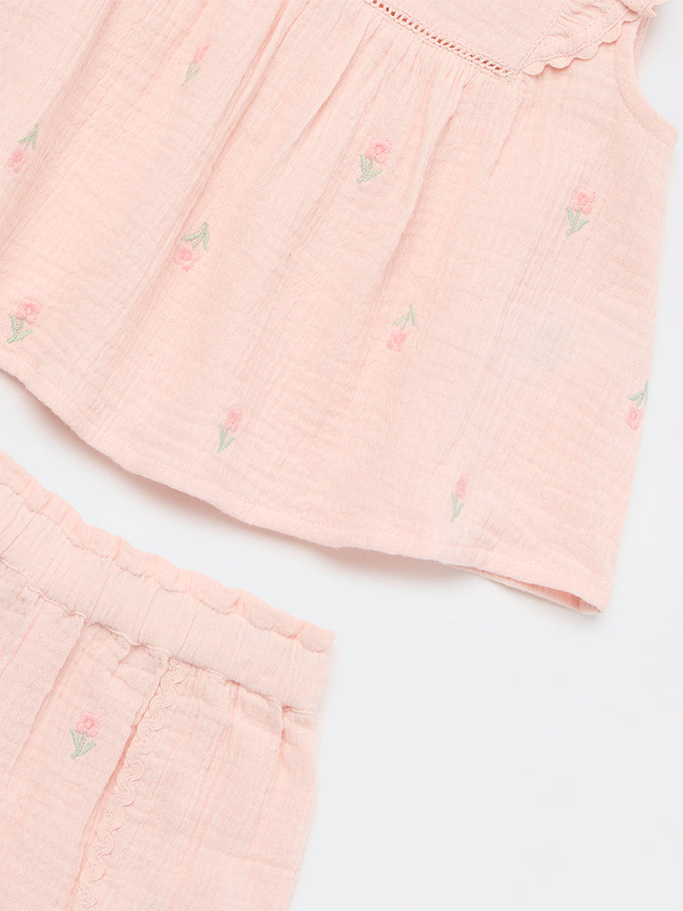 HOP Baby Girls Pink Floral Embroidered Cotton Top and Shorts Set