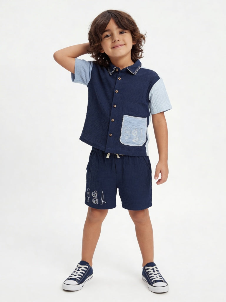 HOP Kids Boys Navy Textured Cotton Shirt and Shorts Set