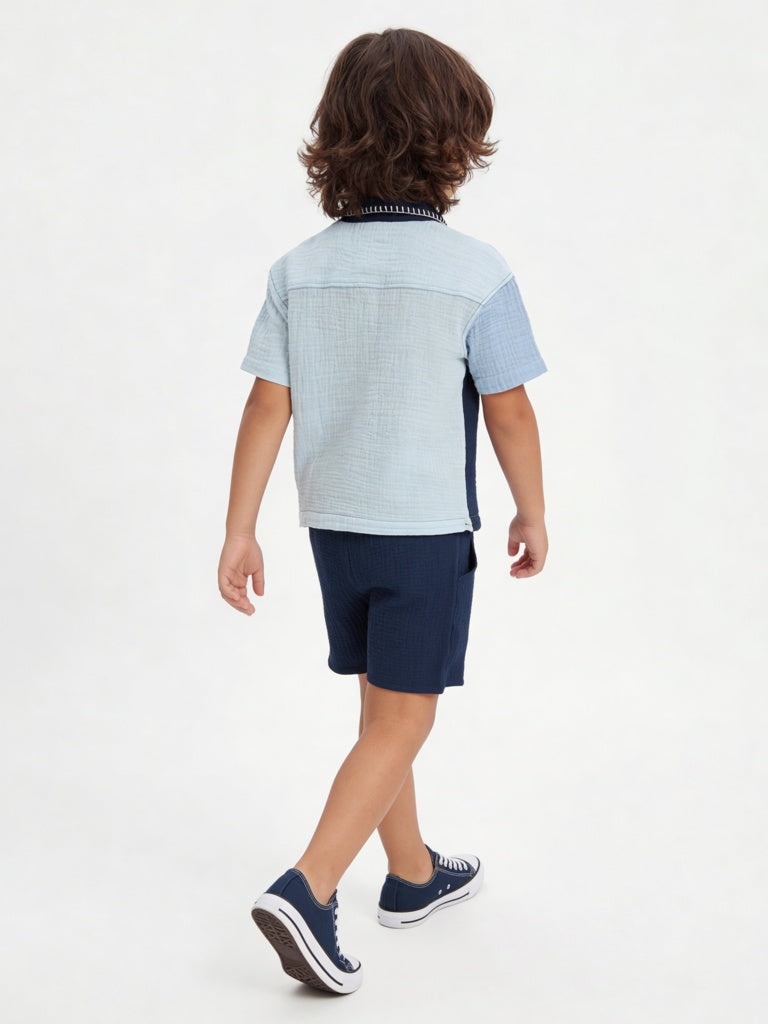 HOP Kids Boys Navy Textured Cotton Shirt and Shorts Set