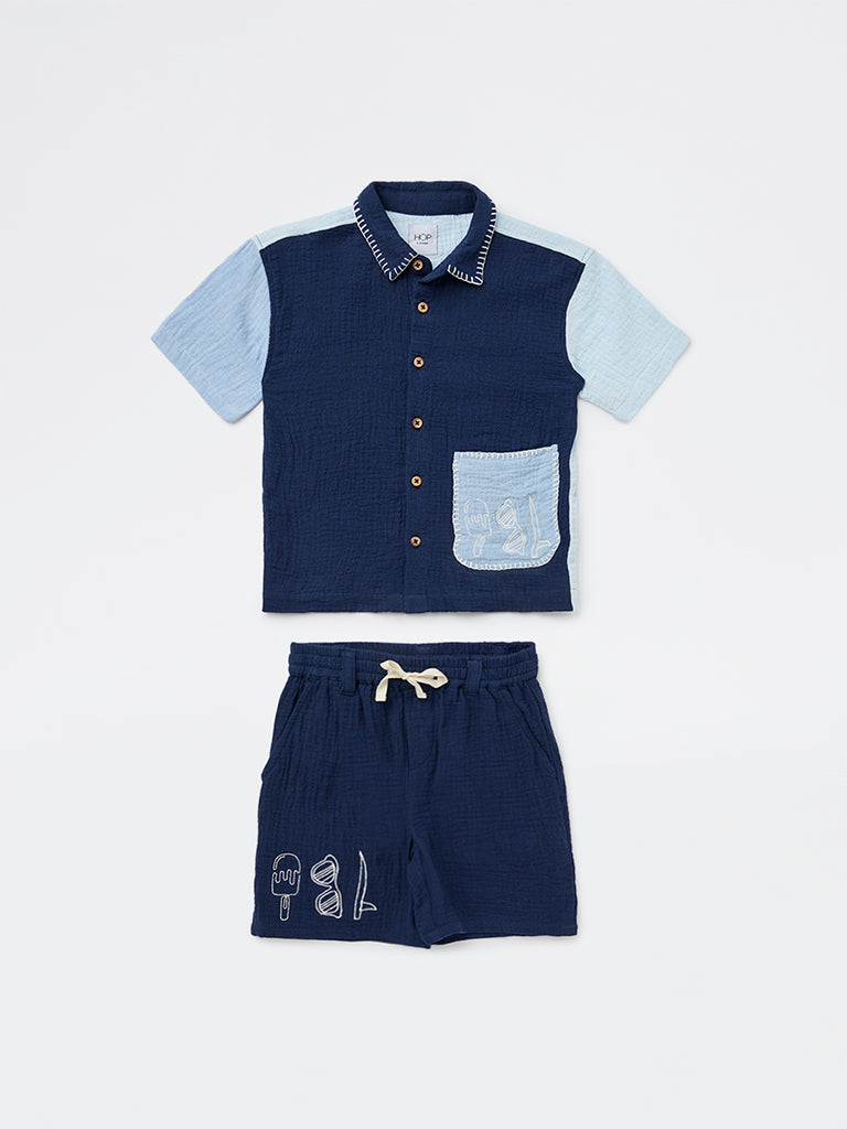 HOP Kids Boys Navy Textured Cotton Shirt and Shorts Set