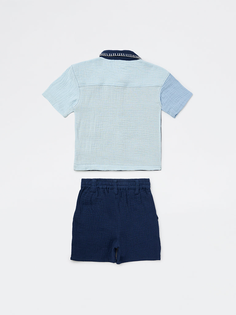 HOP Kids Boys Navy Textured Cotton Shirt and Shorts Set
