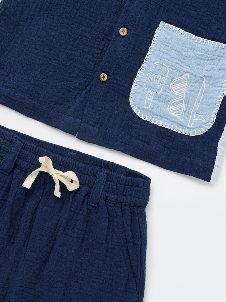 HOP Kids Boys Navy Textured Cotton Shirt and Shorts Set