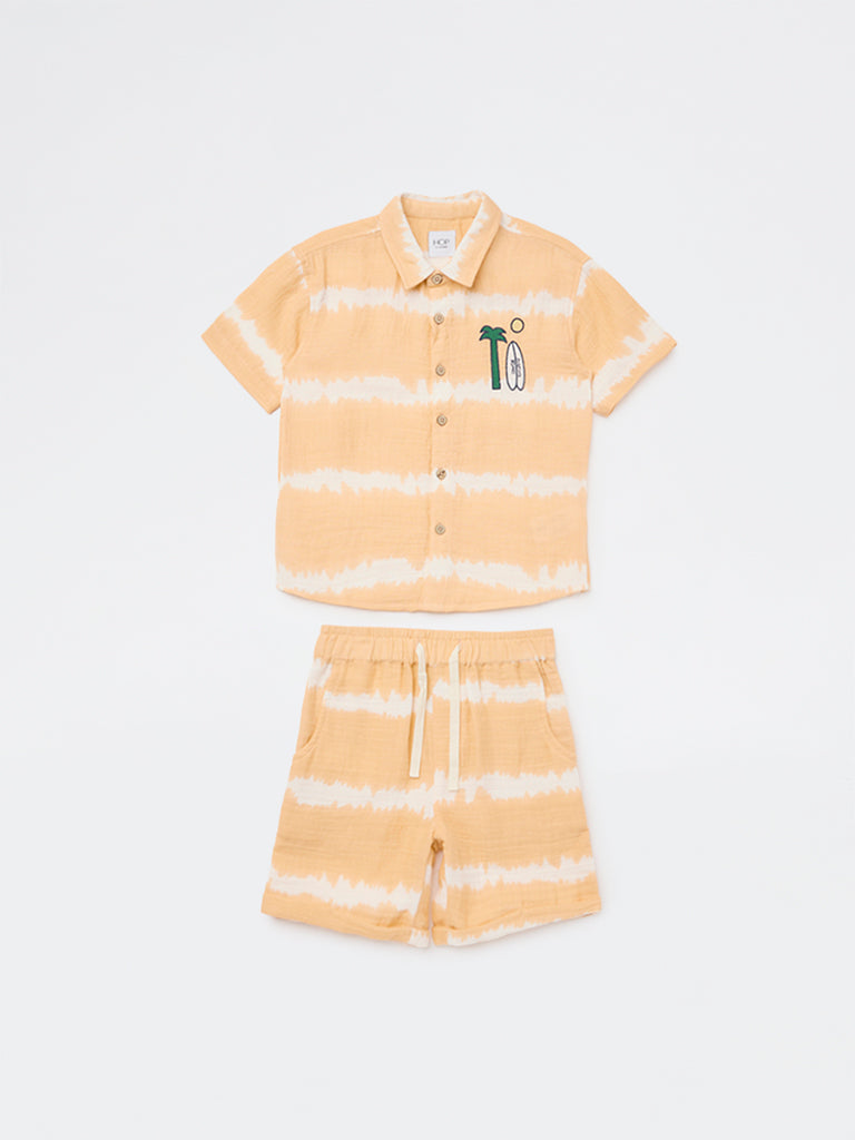 HOP Kids Boys Orange Tie-Dye Design Cotton Shirt and Shorts Set