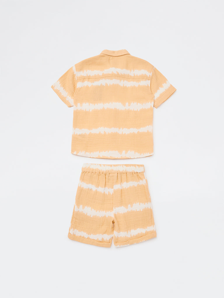 HOP Kids Boys Orange Tie-Dye Design Cotton Shirt and Shorts Set