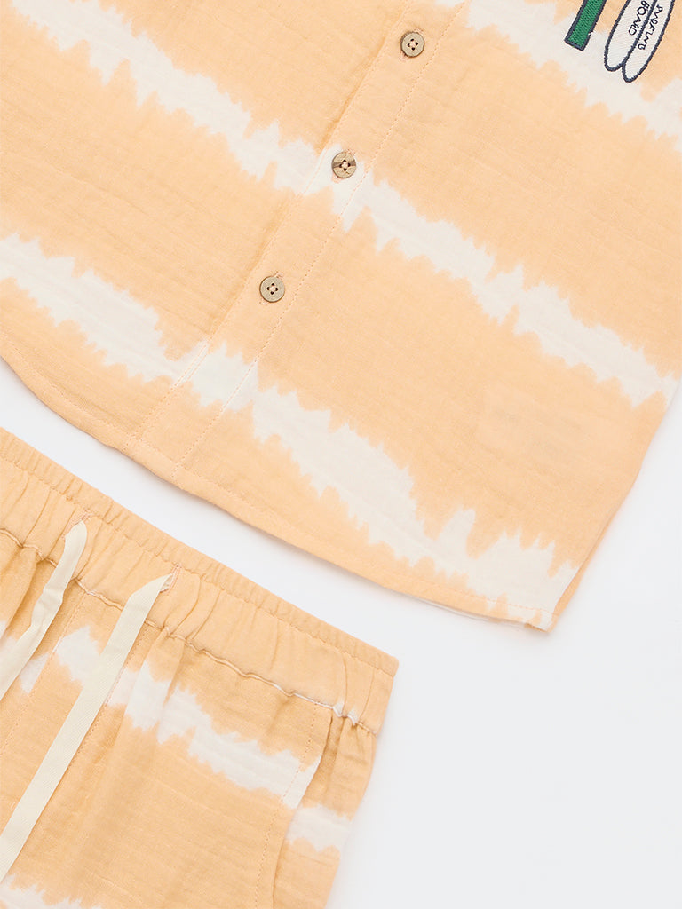 HOP Kids Boys Orange Tie-Dye Design Cotton Shirt and Shorts Set