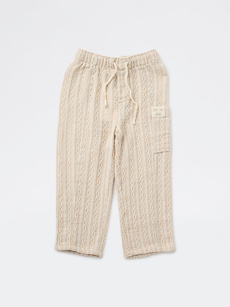 HOP Kids Boys Beige Striped Cotton-Blend Pants