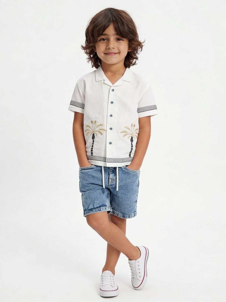 HOP Kids Boys White Tropical Embroidered Cotton Shirt