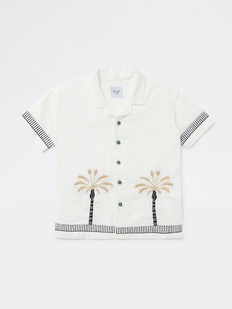 HOP Kids Boys White Tropical Embroidered Cotton Shirt