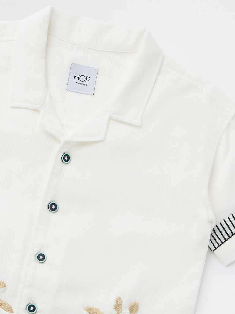 HOP Kids Boys White Tropical Embroidered Cotton Shirt