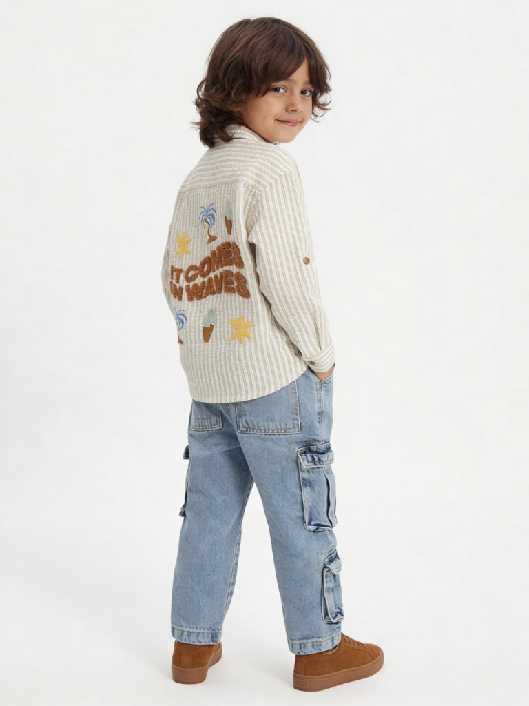 HOP Kids Boys Yellow Seerucker Striped Cotton Shirt