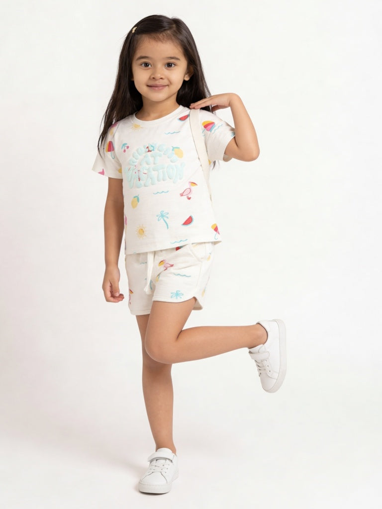 HOP Kids Girls Off-White Printed Cotton T-Shirt and Shorts