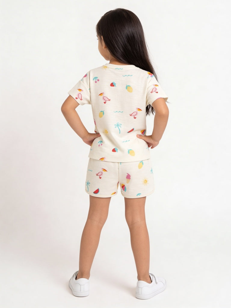 HOP Kids Girls Off-White Printed Cotton T-Shirt and Shorts