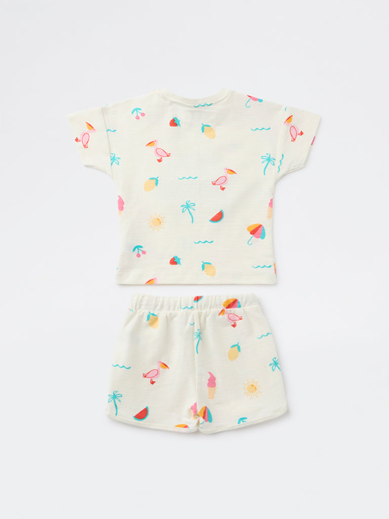 HOP Kids Girls Off-White Printed Cotton T-Shirt and Shorts