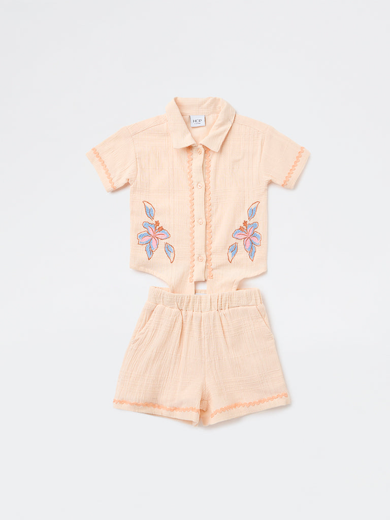 HOP Kids Girls Peach Cotton Shirt and Shorts Set