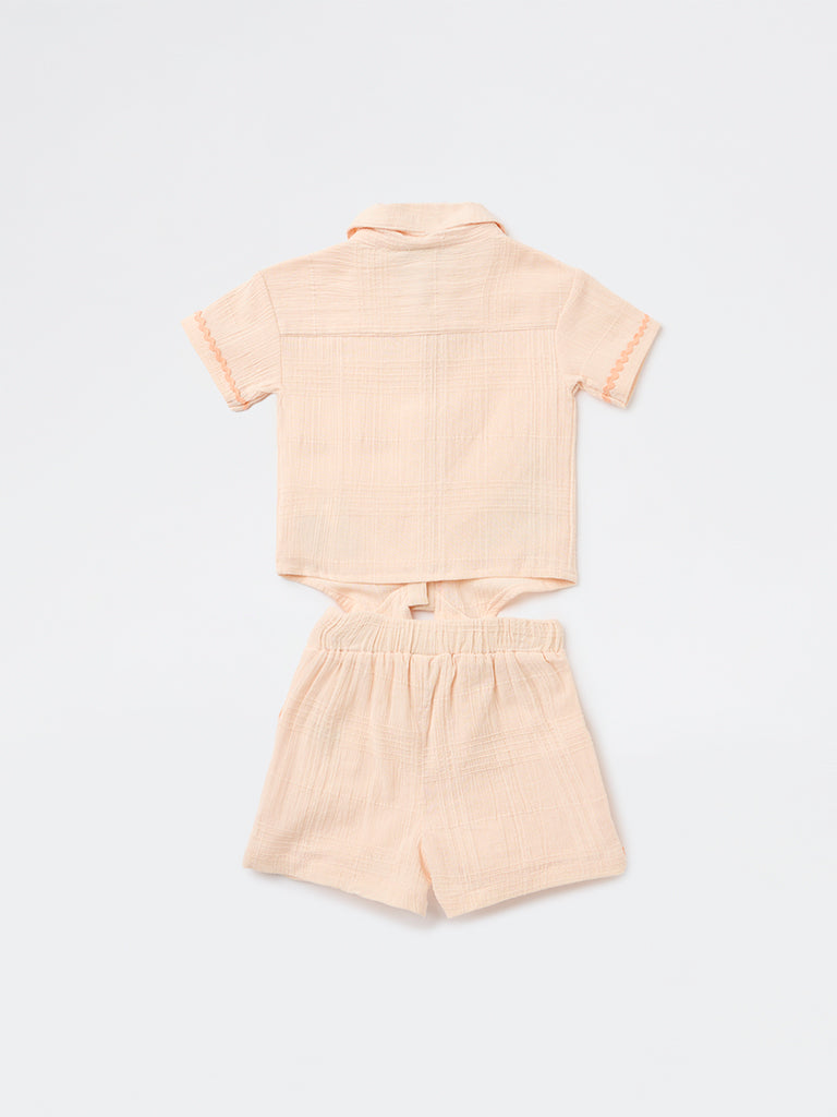 HOP Kids Girls Peach Cotton Shirt and Shorts Set