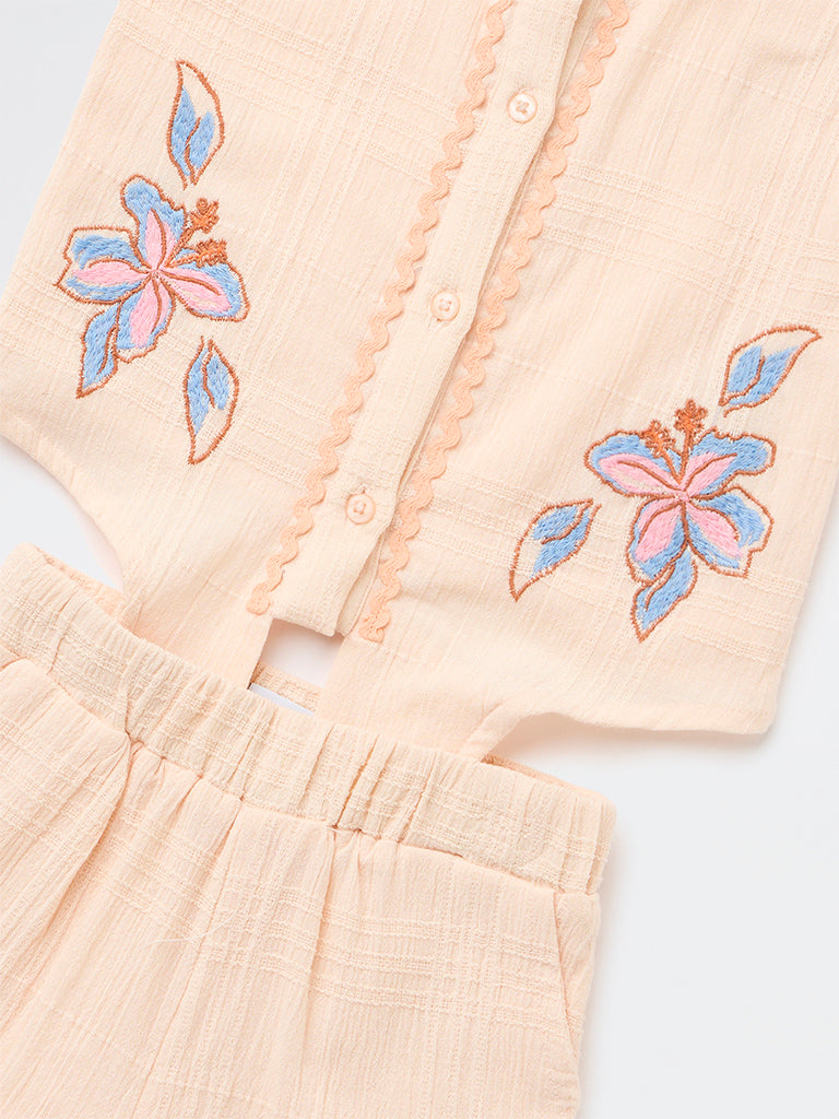 HOP Kids Girls Peach Cotton Shirt and Shorts Set