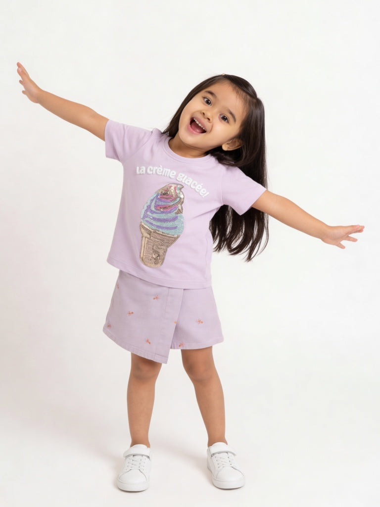 HOP Kids Girls Lilac Embellished Cotton T-Shirt