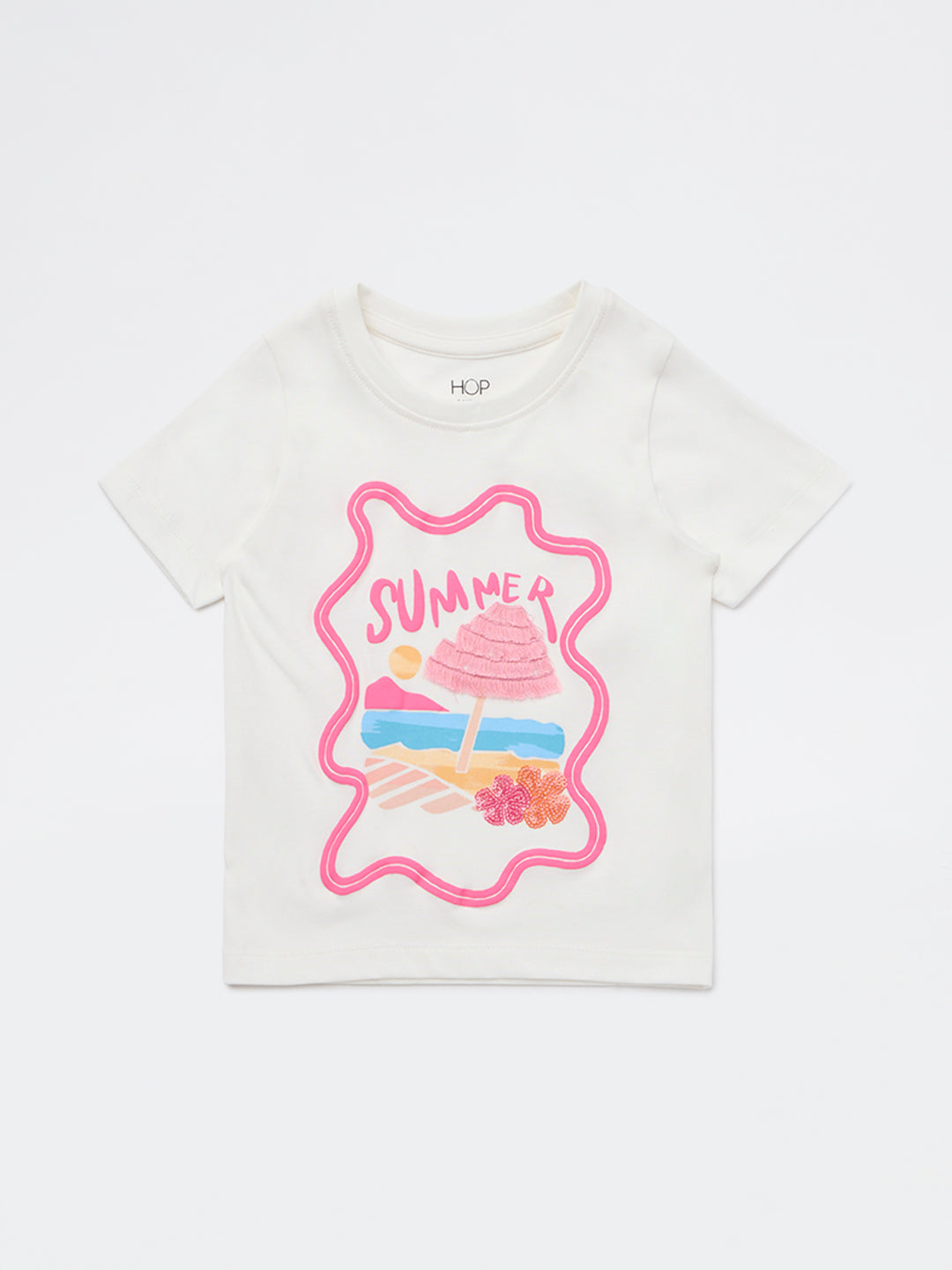 HOP Kids Girls White Summer-Inspired Cotton T-Shirt