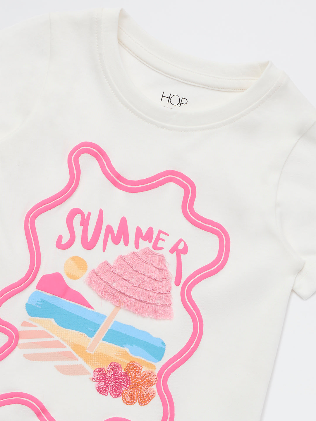 HOP Kids Girls White Summer-Inspired Cotton T-Shirt
