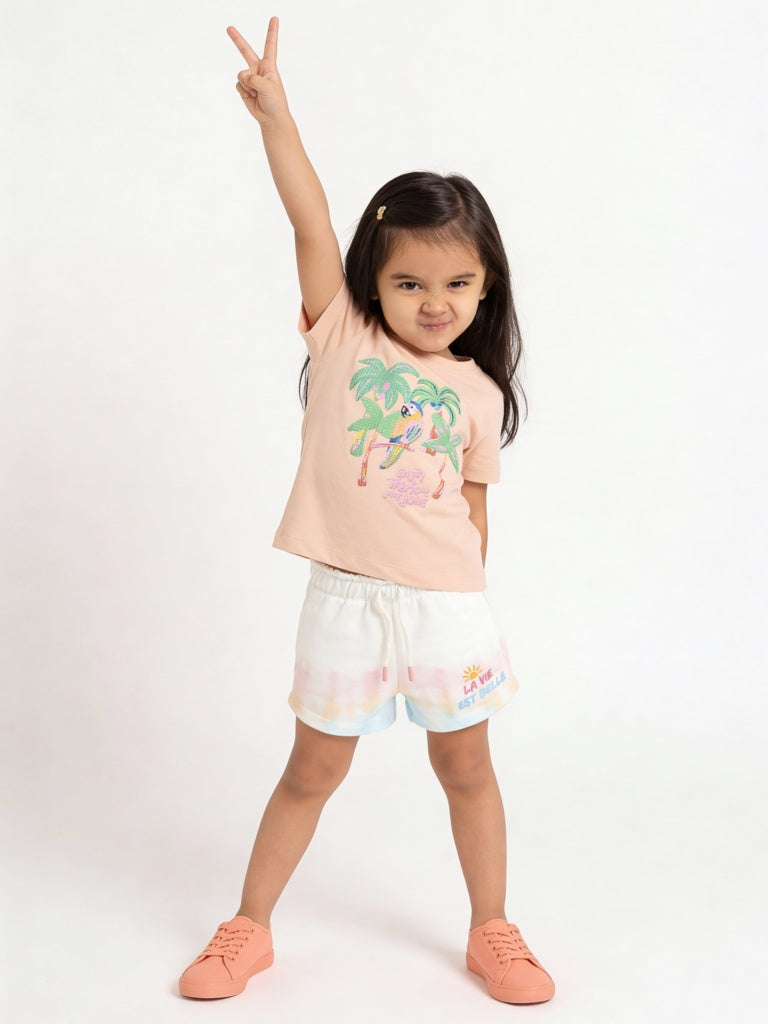 HOP Kids Girls Peach Tropical Printed Cotton T-Shirt