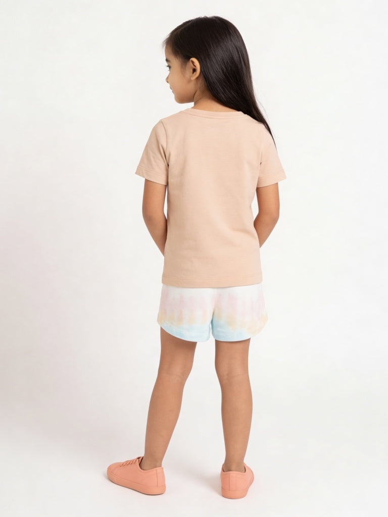 HOP Kids Girls Peach Tropical Printed Cotton T-Shirt
