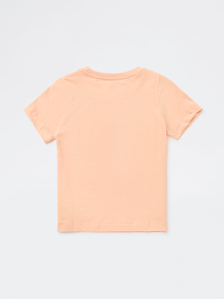 HOP Kids Girls Peach Tropical Printed Cotton T-Shirt