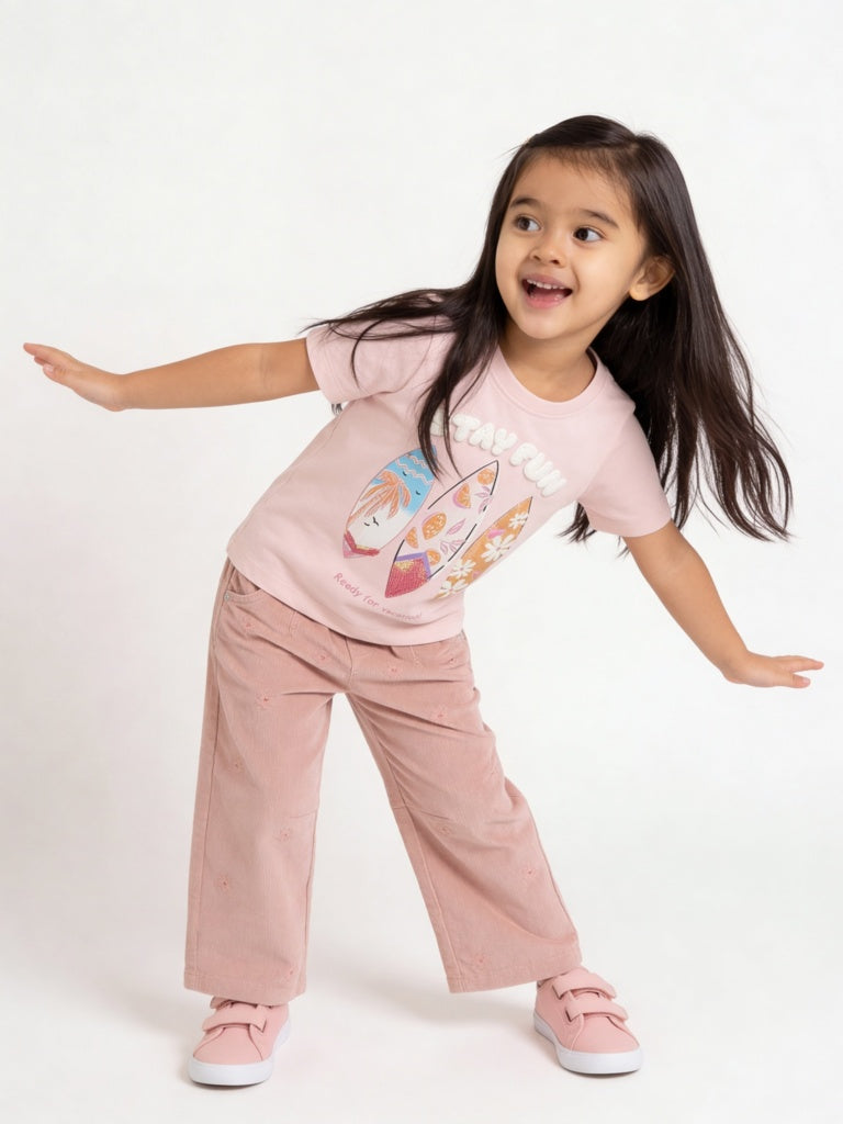 HOP Kids Girls Pink Surfboard-Inspired Cotton T-Shirt