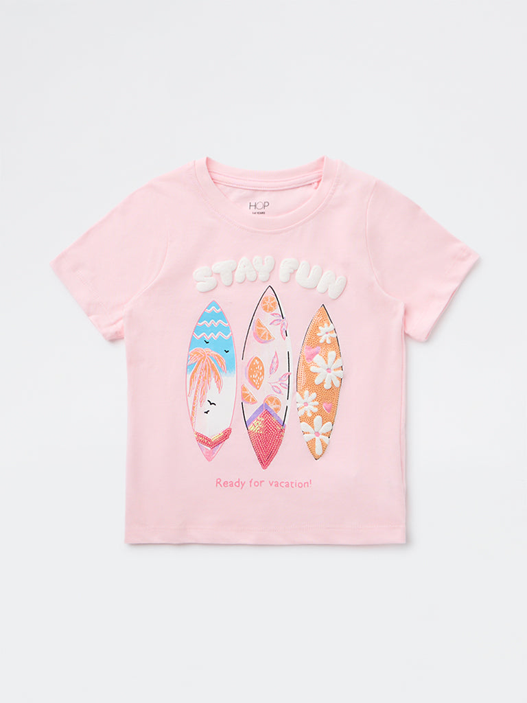 HOP Kids Girls Pink Surfboard-Inspired Cotton T-Shirt