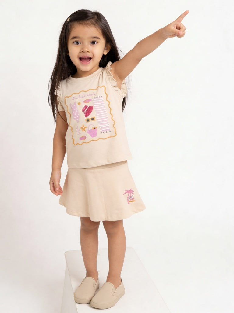 HOP Kids Girls Peach Printed High-Rise Cotton Skirt