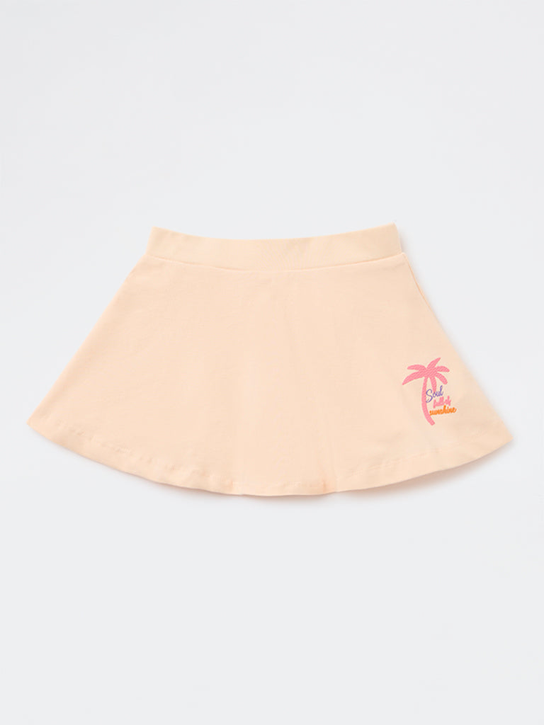 HOP Kids Girls Peach Printed High-Rise Cotton Skirt