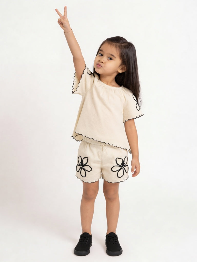 HOP Kids Girls Off-White Textured A-Line Cotton Top