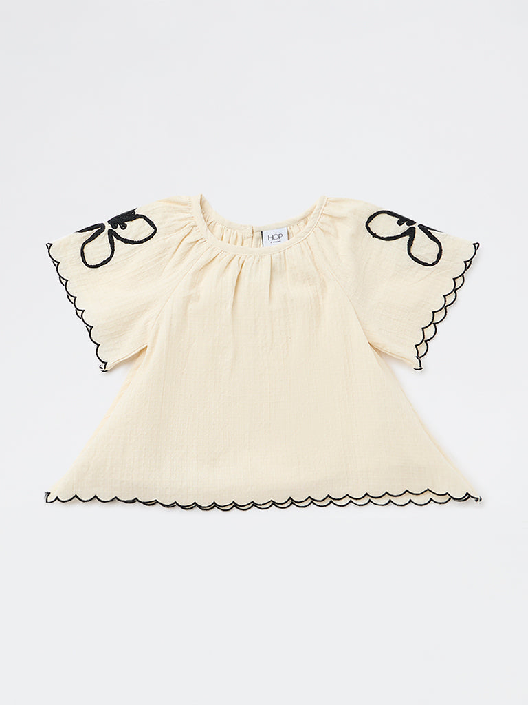 HOP Kids Girls Off-White Textured A-Line Cotton Top