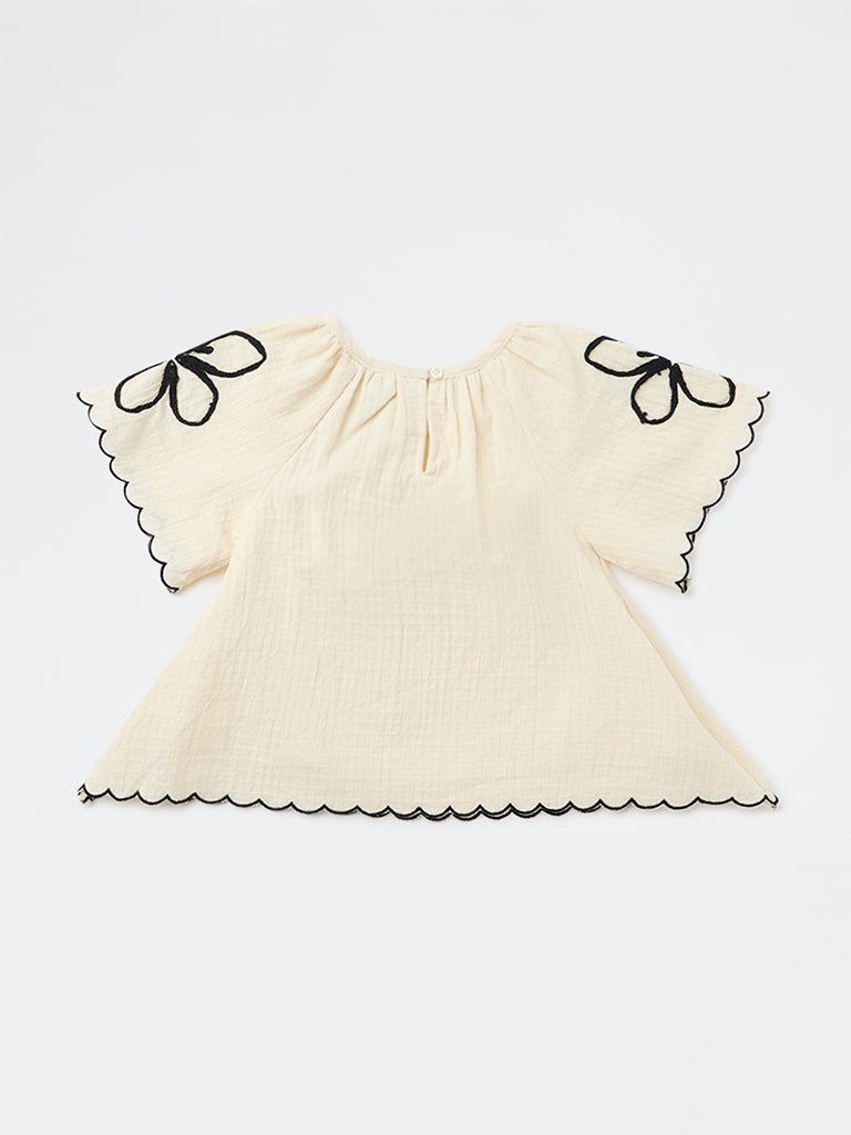 HOP Kids Girls Off-White Textured A-Line Cotton Top