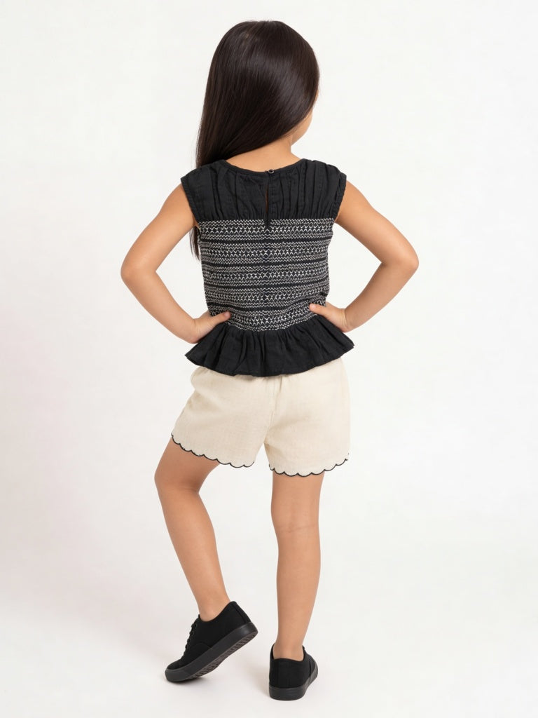 HOP Kids Girls Black Embroidered Smocked Cotton Top
