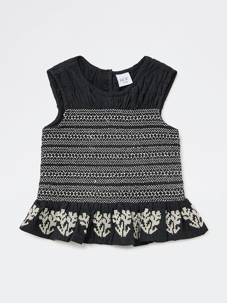 HOP Kids Girls Black Embroidered Smocked Cotton Top