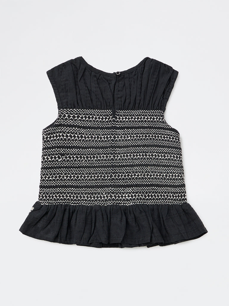 HOP Kids Girls Black Embroidered Smocked Cotton Top