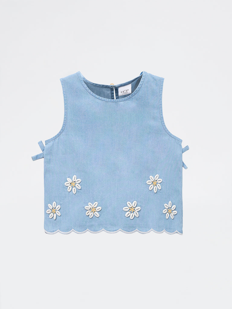 HOP Kids Girls Blue Applique Denim Top