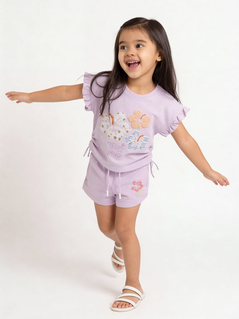 HOP Kids Girls Lilac Floral Embroidered Cotton Top