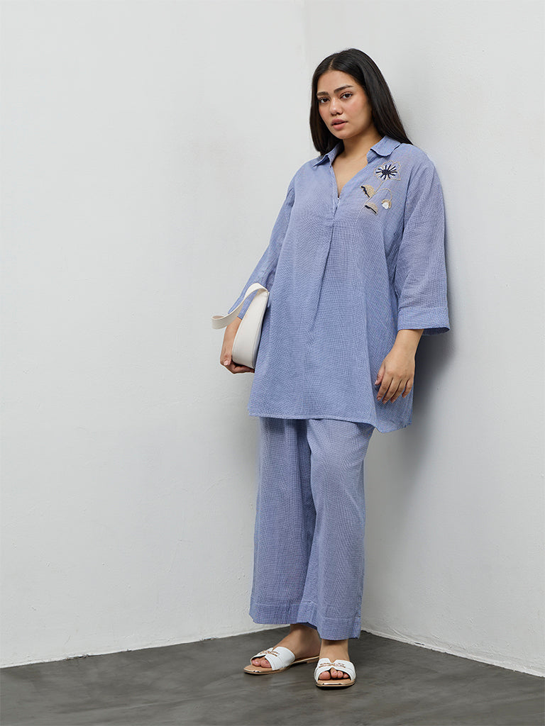 Diza Blue Floral Embellished Cotton Tunic