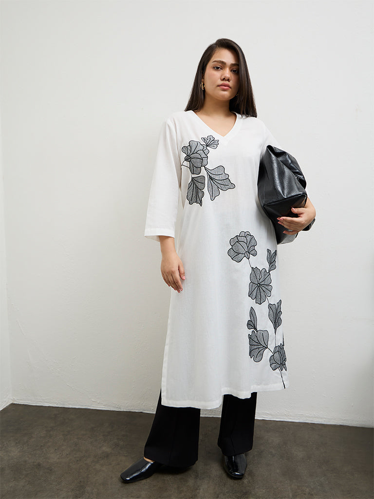 Diza White Foliage Embroidered Cotton A-Line Kurta