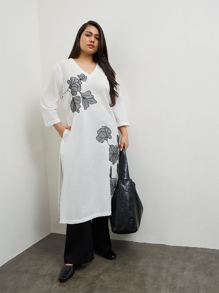 Diza White Foliage Embroidered Cotton A-Line Kurta