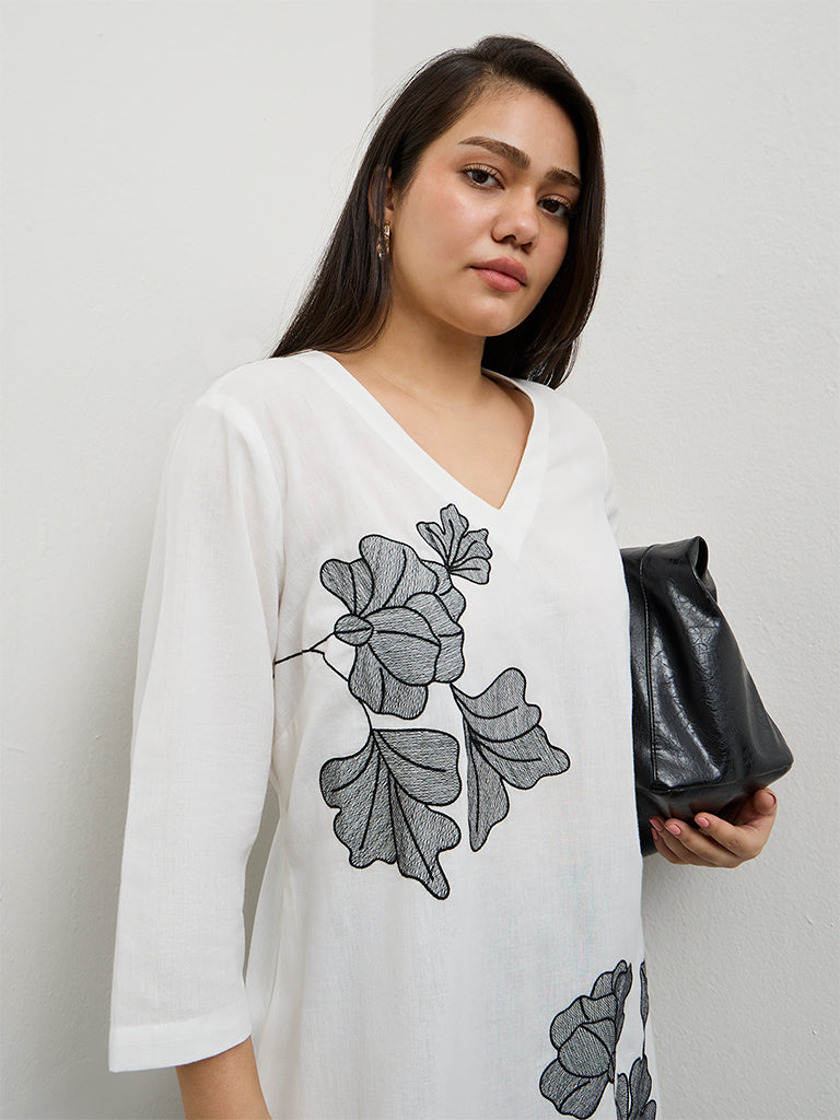 Diza White Foliage Embroidered Cotton A-Line Kurta