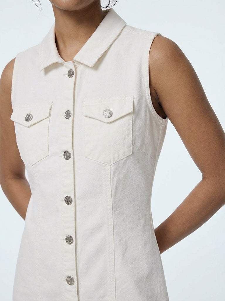 Nuon White Solid Denim Shirt Dress