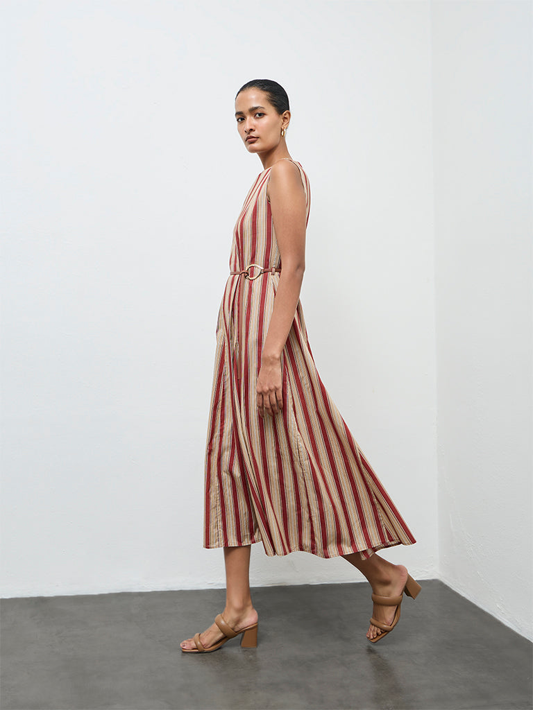 Wardrobe Rust Striped Cotton A-Line Dress